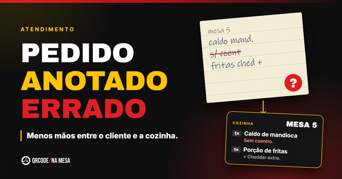 Bilhete de papel com pedido errado ao lado de um ticket legível da Cozinha: Mesa 5, caldo de mandioca sem coentro
